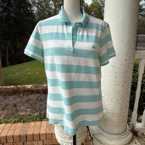 Brooks Brothers 346 Women’s Striped Polo Shirt Large Aqua White Cotton Preppy